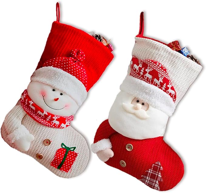 2 Pack Christmas Stockings, Large Stockings, Personalized Knitted 3D Pattern Santa Snowman Socks, Eve Candy Stocking Bag for for Holiday Xmas Party Decoration (Style 2, Santa Snowman)
