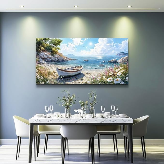ZUITINGHUA Large Wall Decor For Living Room Canvas Wall Art For Office Modern Wall Decorations For Bedroom Seaside Boat Landscape Painting Farmhouse Pictures Artwork Room Home Decor 24x48 In