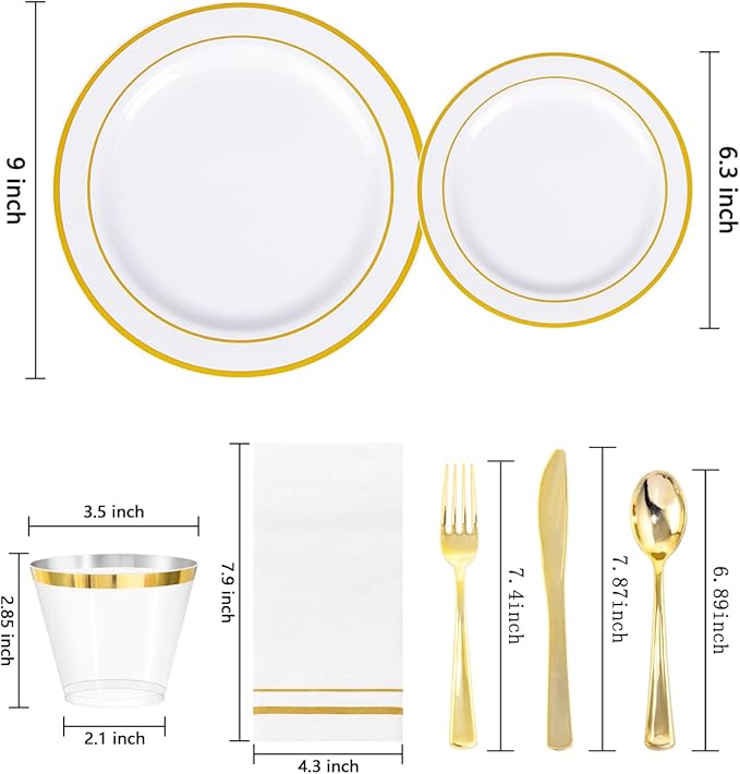 GATHER 350PCS White and Gold Plastic Plates - Disposable Plastic Dinnerware Set Include 50 Dinner Plates, 50 Dessert Plate, 150 Silverware, 50 Napkins, 50 Cups for Party & Wedding & Thanksgiving