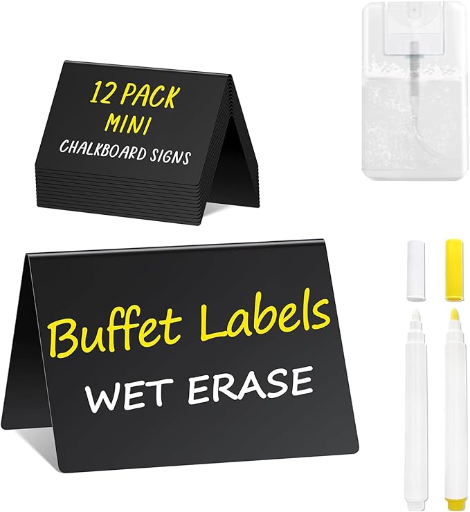 PigPotParty 4"x3" Mini Chalkboard Signs for Food, 12 Pcs Food Signs for Party Buffet, Small Chalk Board Food Labels, Table Place Cards, Wedding - Bakery - Birthday, Includes 2 Wet Erase Markers