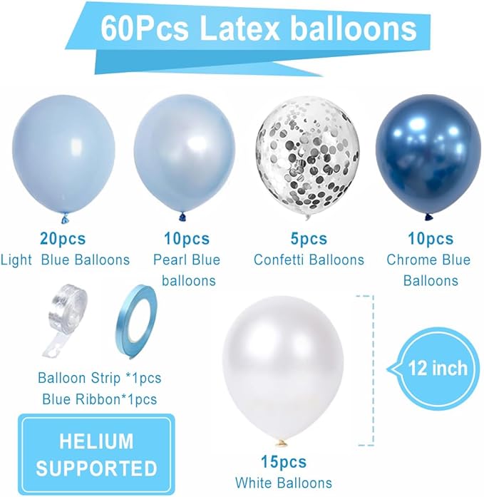 Blue White Balloons Set, 60 Pcs 12 Inch Metallic Chrome Blue Pearl Blue Balloons Light Blue Balloon for Birthday, Bridal Shower, Wedding Party Decoration