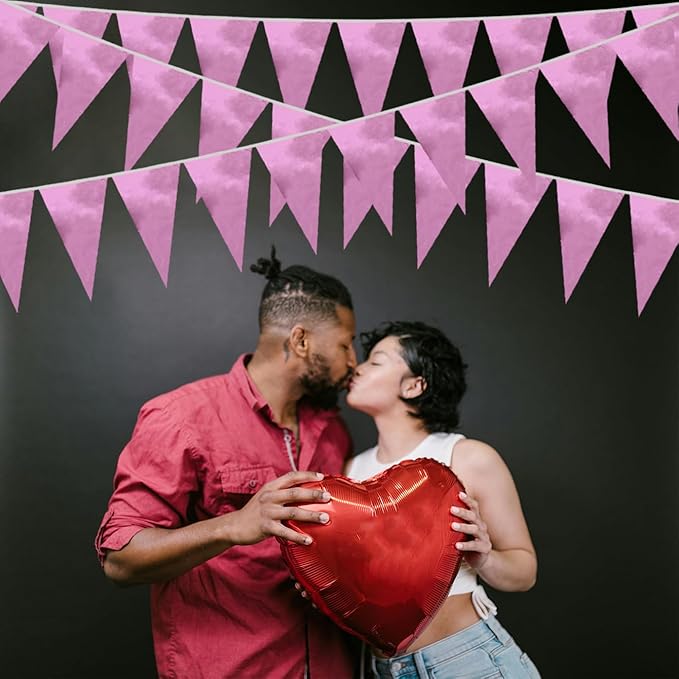 40M/130FT Pink Triangle Pennant Banner Flag Metallic Fabric Bunting Garland for Christmas Graduation Wedding Engagement Anniversary Bachelorette Birthday Bridal Shower Valentines Hen Party Supplies