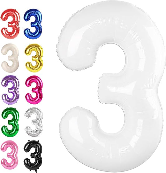 Large 40 Inch White 3 Number Balloon, 3 13 23 30 33 36 38 White Birthday Party Decorations, Numbers Three Foil Balloons for Anniversary Party Graduations Celebration Supplies