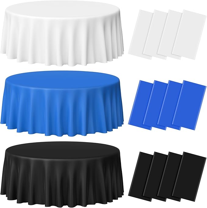 MASHAN 12 Pcs Blue Black White Plastic Tablecloths Bulk,84 Inch Disposable Round Party Table Cloth Waterproof Table Cover for Birthday Wedding Anniversary Graduation Party Decorations Supplies