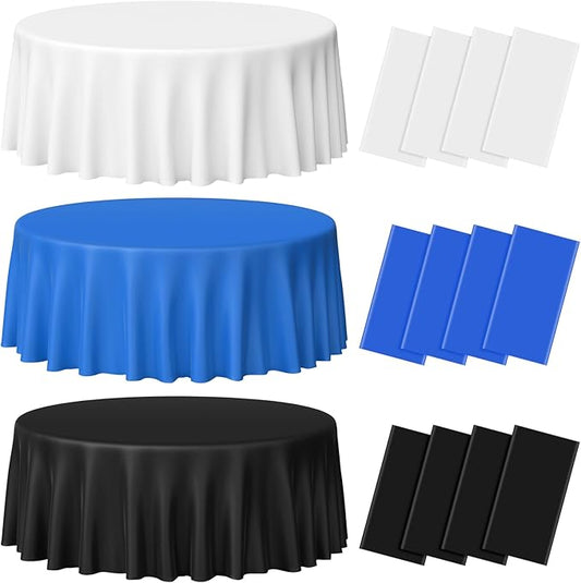 MASHAN 12 Pcs Blue Black White Plastic Tablecloths Bulk,84 Inch Disposable Round Party Table Cloth Waterproof Table Cover for Birthday Wedding Anniversary Graduation Party Decorations Supplies