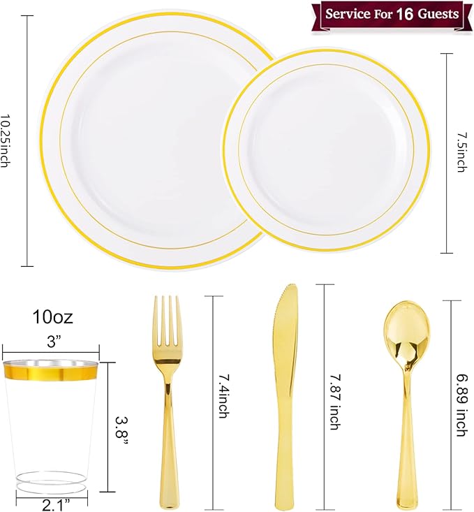 WELLIFE 96 Pcs Gold Plastic Dinnerware Set, Disposable Silverware and Cups, Gold Dinnerware Set, Includes: 16 Dinner Plates 10.25", 16 Dessert Plates 7.5", 16 Cutlery for Party