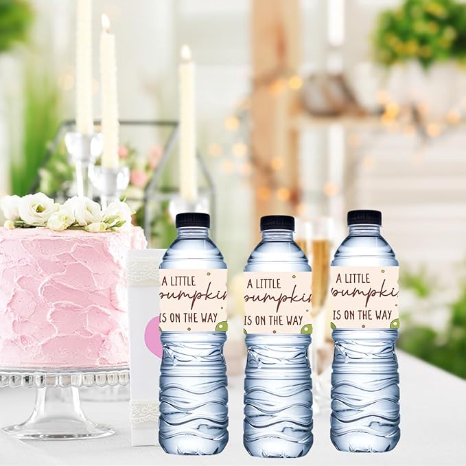 100Pcs A Little Pumpkin Is on The Way Baby Shower Water Bottle Labels Waterproof Wrappers for Fall Baby Shower Decorations and Party Drink Stations