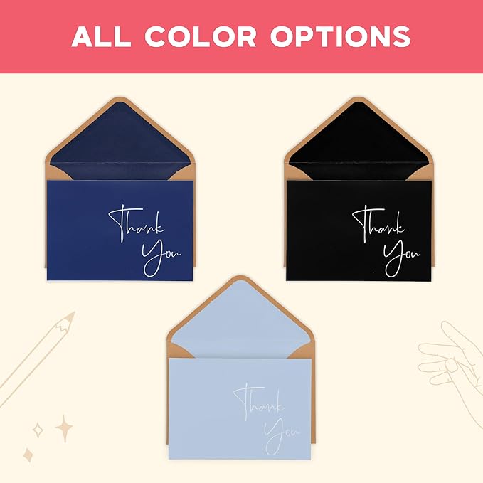 VNS Creations 50 Pack Thank You Cards With Envelopes, Stickers, 3.5x5 Inch Blank Thank You Notes - Bulk Box Set Notes for Graduation, Wedding, Small Business, Baby & Bridal Shower Card - Light Blue