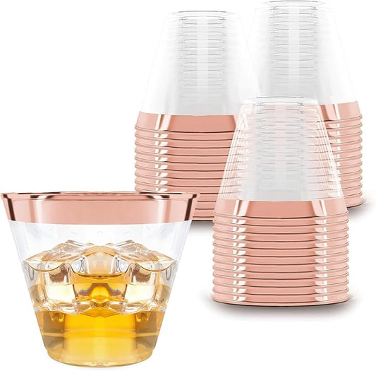 Prestee 100 Rose Gold Plastic Cups - Rose Gold Plastic Cups 9 oz - Party Decorations - Disposable Wine Cup - Clear Cup - Bulk Party Wine Glasses
