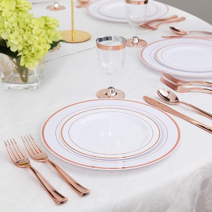 WDF 300 Pieces Rose Gold Plastic Silverware- Disposable Flatware Set - Heavy Duty Plastic Cutlery Includes 100 Forks, 100 Spoons, 100 Knives Perfect for Wedding, Party