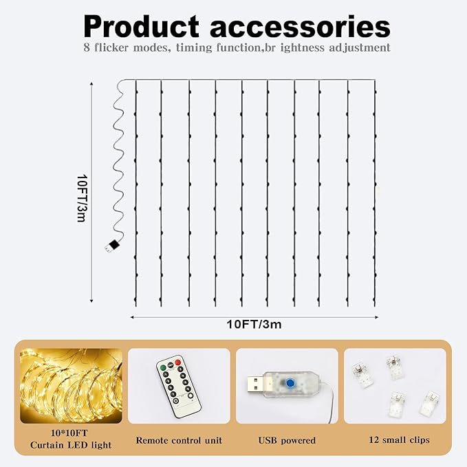 10 * 8FT Beige Pearl Tulle Double Layered Backdrop Curtain with Lights String and Lining Fabric for Wedding Baby Shower Birthday Parites Photo Decorations