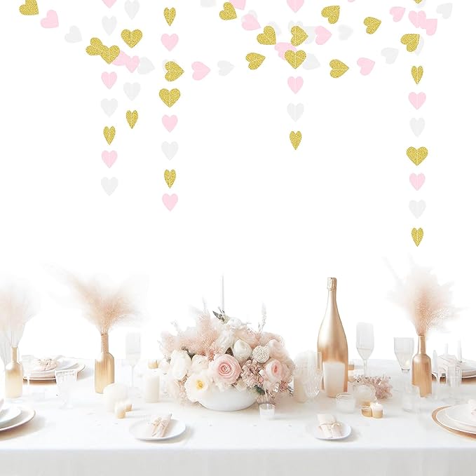 White Gold Pink Party-Decorations - 52Ft Paper Heart Streamers Garland Banner Women Birthday Bridal Shower Wedding Bachelorette Engagement Hanging Decor HongTongTong