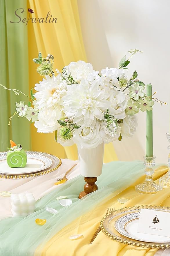 Serwalin Artificial White Flowers, Silk Fake Flowers for DIY Wedding Bouquets Cake Flower, Table Centerpieces Baby Shower Birthday Party Home Decorations
