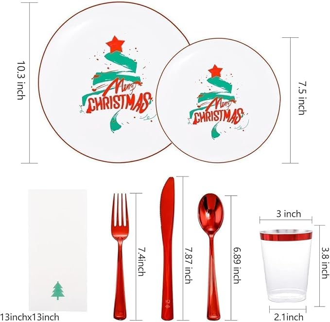 WDF 175pcs Christmas Plates Dinnerware - 25 Guests Unquie Desgin Red Plastic Plates with Green Christmas Tree Pattern, Red Plastic Cutlery, Clear Cups and Napkins