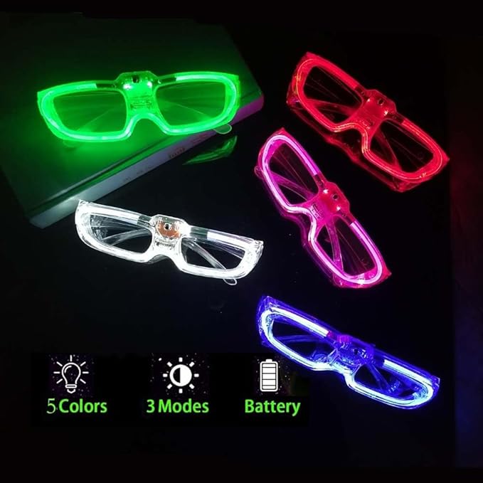 25 Packs LED Glasses Mardi Gras Party Supplies ,5 Neon Colors,3 Light Modes Light up Glow Sticks Glasses Toys Party Supplies for kids Adults Fit Halloween Christmas New Year Eve Graduations