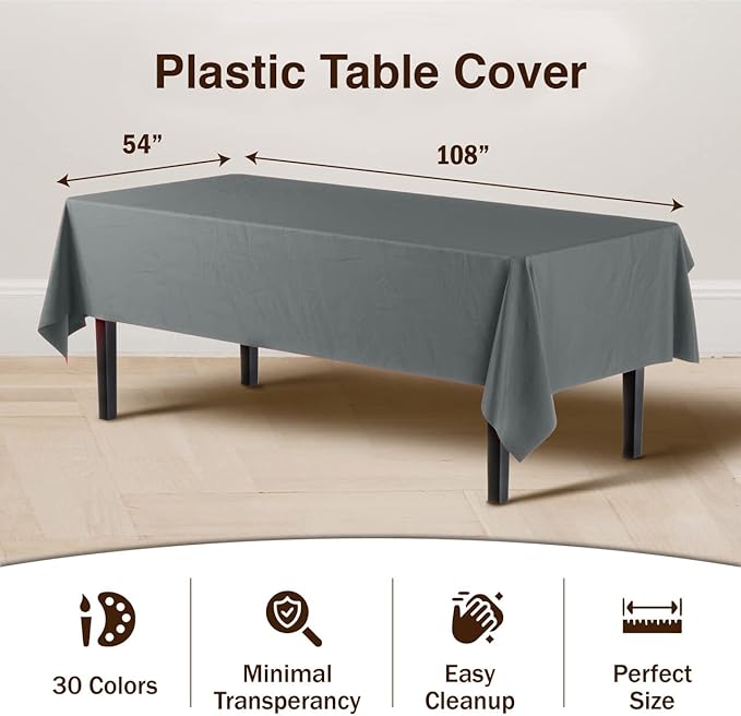 Party Solids 6-Pack Premium Plastic Tablecloth 54in. x 108in. Rectangle Plastic Table Cover - Silver