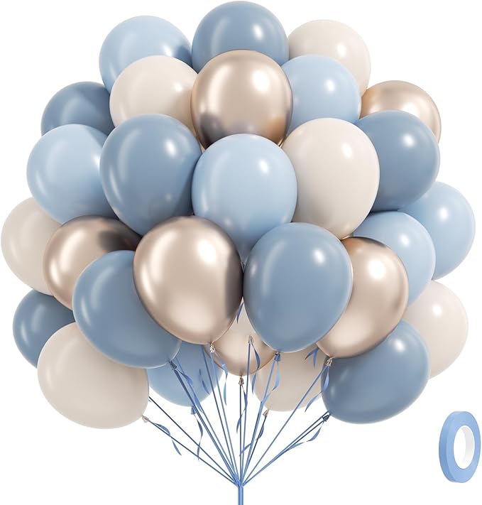 60pcs Dusty Blue Balloons 12inch with Sand White Metallic Gold Dusty Pastel Blue Balloons for Wedding Gender Reveal Baby Bridal Shower Birthday Party Decorations