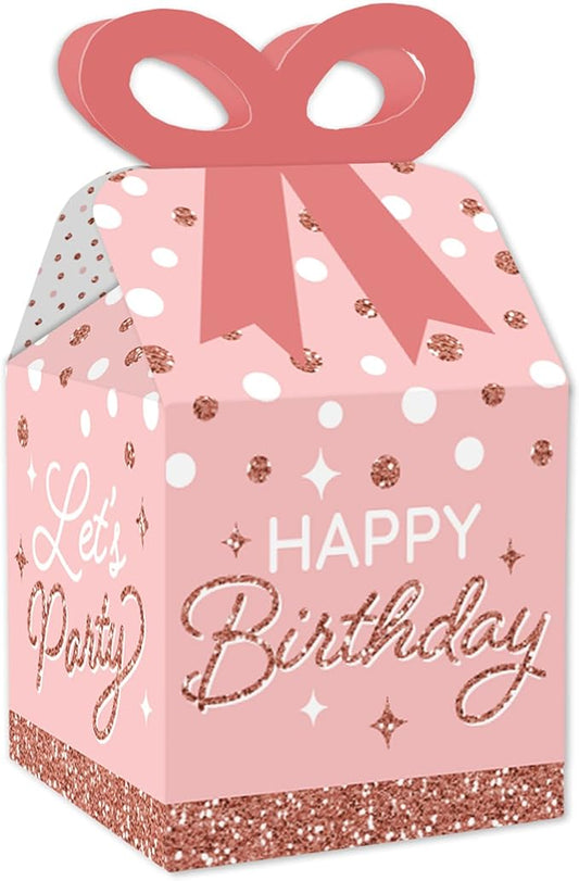 Big Dot of Happiness Pink Rose Gold Birthday - Square Favor Gift Boxes - Happy Birthday Party Bow Boxes - Set of 12