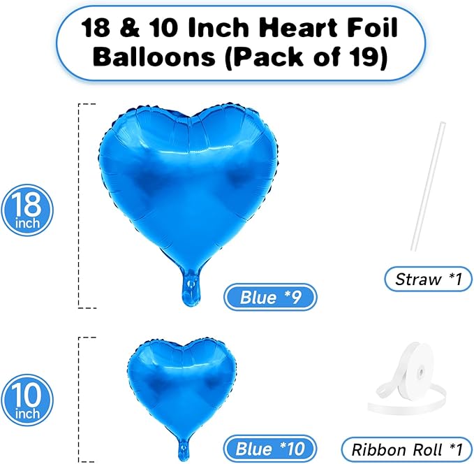 Blue Heart Balloons, 19PCS Blue Heart Shape Balloons, 18Inch with 10Inch Helium Foil Balloon Love Balloon for Birthday Wedding Engagement Valentines Party Anniversary Decorations