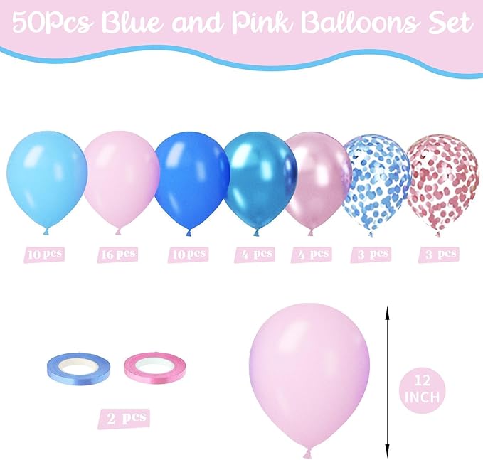 Paready Pink and Blue Balloon Set - 50Pcs 12 Inch Pastel Confetti, Royal and Metallic Balloons for Kids Girls Birthday, Baby Shower, Gender Reveal Supplies