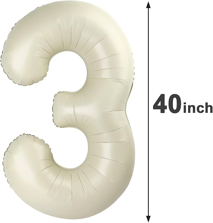 Cream White Large 3 Number Balloon 40 Inch, 3 13 23 30 33 36 38 Cream White Birthday Party Decorations, Number Three Foil Balloons for Anniversary Party Graduations Celebration Supplies