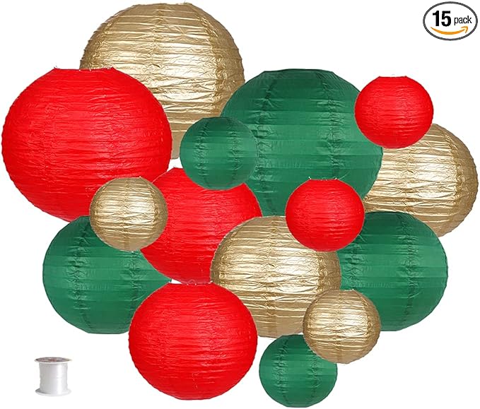 Paper Lanterns Decorative, Round Hanging Paper Lanterns Decorations for Christmas Graduation Anniversary Birthday Party Supplies Green/Red/Gold 15pcs
