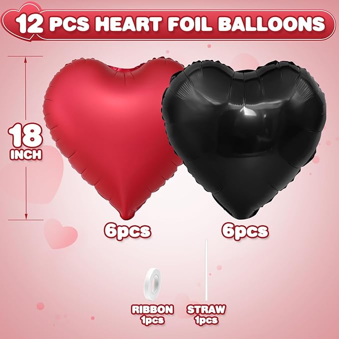 Black Red Heart Balloons,12Pcs 18Inch Black Metallic Red Heart Shaped Foil Balloons for Birthday Valentine's Day Anniversary Wedding Engagement Party Decorations