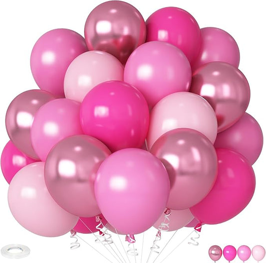 Pink Mixed Balloons Set, 12 Inch Hot Pink Pastel Light Baby Pink Metallic Pink Latex Balloons Party Balloons for Women Girls Birthday Baby Shower Princess Anniversary Party Decorations