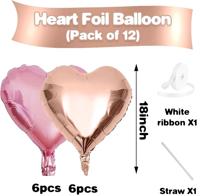 Rose Gold Pink Heart Balloons,12Pcs 18 Inch Pastel Pink Helium Foil Love Heart Shaped Balloons for Wedding Bridal Engagement Party Anniversary Birthday Baby Shower Valentines Day Decorations