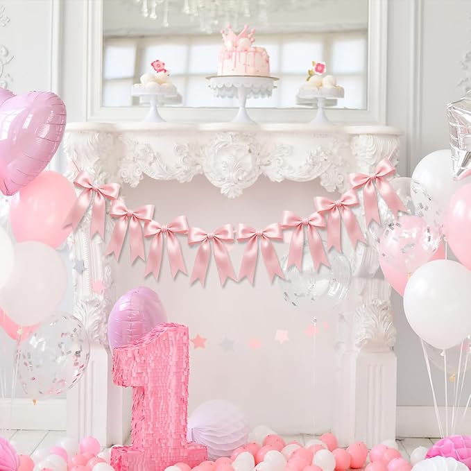 1 String of 8PCS Pink Bow Garland Banner Decoration,Pre-Strung Satin Ribbon Ornaments for Birthday,Bachelorette Party,Bridal Shower,Wedding,Engagement,Baby Shower,Graduation Decor,Anniversary