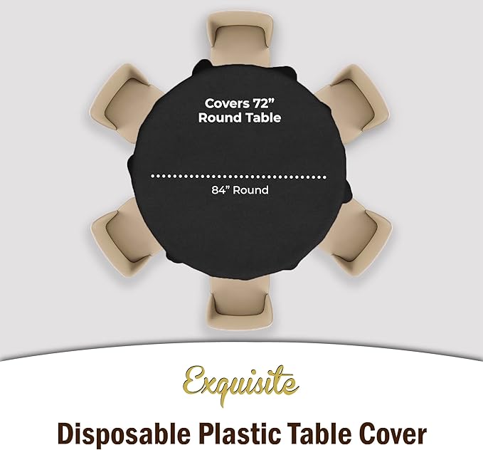 Party Solids 6-Pack Premium Plastic Tablecloth 84in. Round Plastic Table Cover - Black