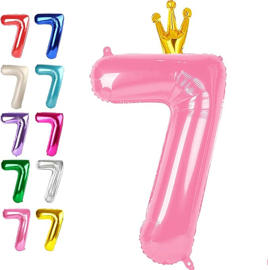 Digital Number 7 Pink Crown Birthday Balloon 40 Inch, Foil Balloons for 7 17 27 70 77 Party Decorations Supplies, Pink Crown Mylar Numbers Balloon for Seven Wedding Anniversary