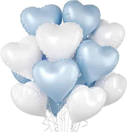 Baby Blue Heart Balloons, 10 Pcs Pastel Light Blue and White Heart Shaped Balloon, 18 Inch Cream Sand White Foil Balloons for Boys Men Brithday Bridal Baby Shower Wedding Valentines Party Decoration