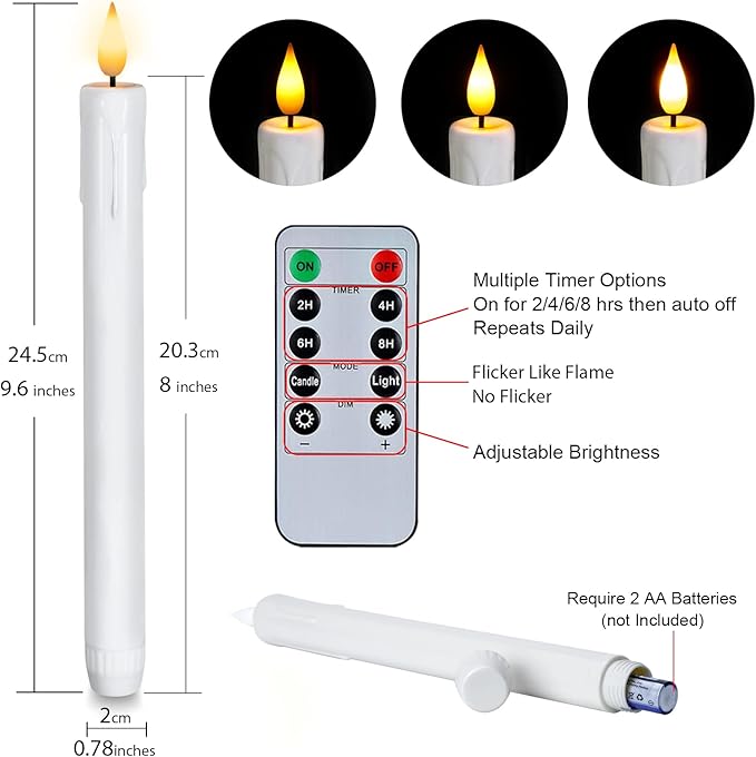 Homemory 12 Pcs Plastic Flameless Taper Candles with Remote Timer Dimmer, White Taper Candles Battery Operated with Flickering Flame Light Lifelike Led Candlesticks for Indoor Decoration 9.6 Inches