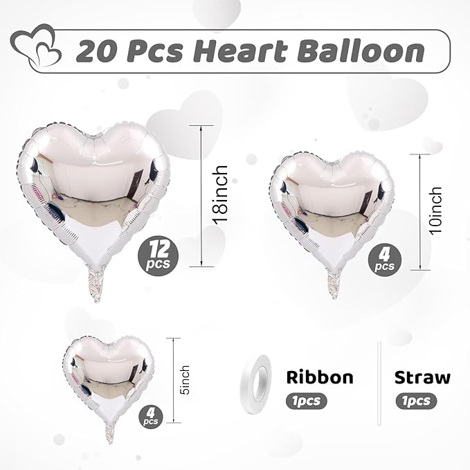 Silver Heart Balloons, Heart Shaped Ballons, 20 Pcs 5/10/18 inch Silver Foil Love Balloons for Valentine's Day Decorations Wedding Engagement Bridal Showers Anniversary Celebrations