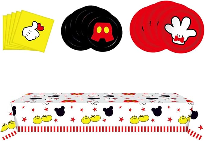 OULUN Mouse Theme Party Supplies Kit, 16 Paper Plates (8pcs 9 inch, 8pcs 7 inch), 20 Napkins, Table Cloth, Red, Mouse Cartoon, Birthday