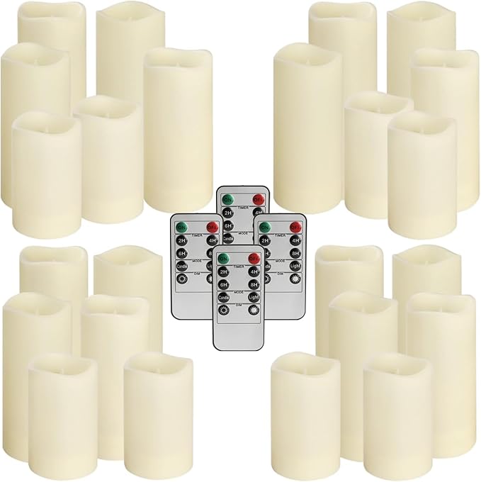 Set of 24 Waterproof Outdoor Flameless Candles, LED Candles with 4 Remote and Timer,(H 4" 5" 6" x D 2.2"),for Halloween Wedding Festiv