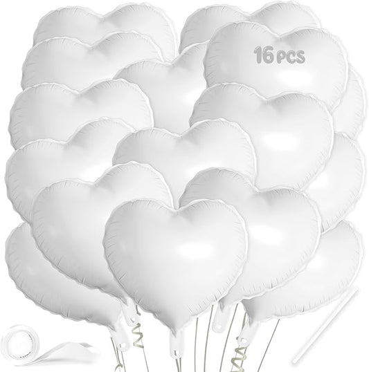 16 Pcs Heart Balloons, 18 Inch White Love Heart Shaped Foil Balloons for Wedding Anniversary Birthday Party Valentine Decorations Baby Shower Bridal Shower Engagement Decorations Supplies