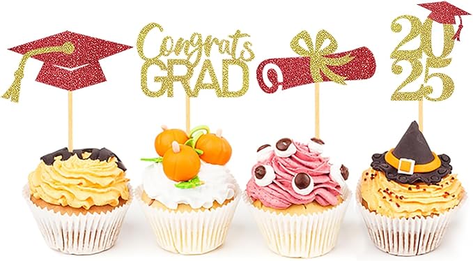 24Pcs Graduation Cupcake Toppers, Graduation Cupcake Picks for Cupcake Food Decorations - Class of 2025 Cupcake Toppers Supplies (Red Gold)