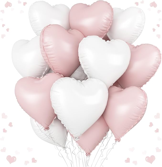 Pink White Heart Balloons, 18 Inch Pink and Cream White Heart Shape Balloons, 12PCS White Sand Helium Foil Balloon for Birthday Baby Shower Bridal Engagement Wedding Party Decorations