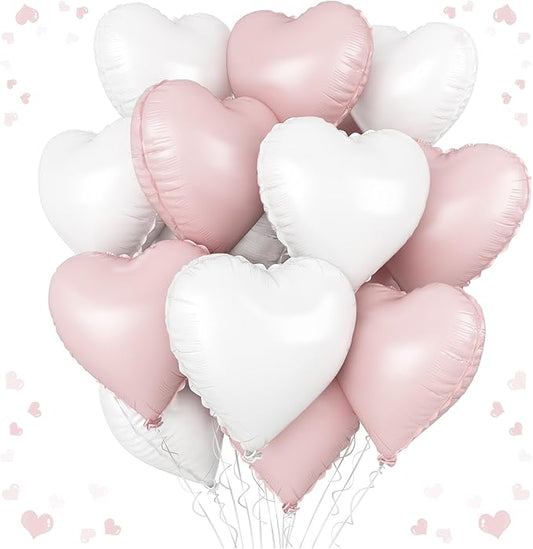Pink White Heart Balloons, 18 Inch Pink and Cream White Heart Shape Balloons, 12PCS White Sand Helium Foil Balloon for Birthday Baby Shower Bridal Engagement Wedding Party Decorations