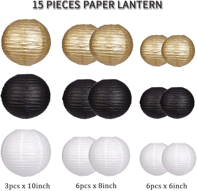 Paper Lanterns Decorative, Round Hanging Paper Lanterns Decorations for Wedding Graduation Anniversary Birthday Party Supplies Black/Gold/White 15pcs