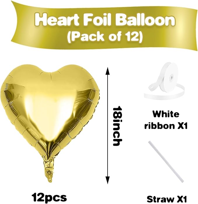 Gold Heart Balloons,12Pcs 18 Inch Metallic Gold Foil Love Heart Shaped Balloons for Birthday Party Wedding Engagement Anniversary Graduation Celebration Baby Shower Valentines Day Decorations