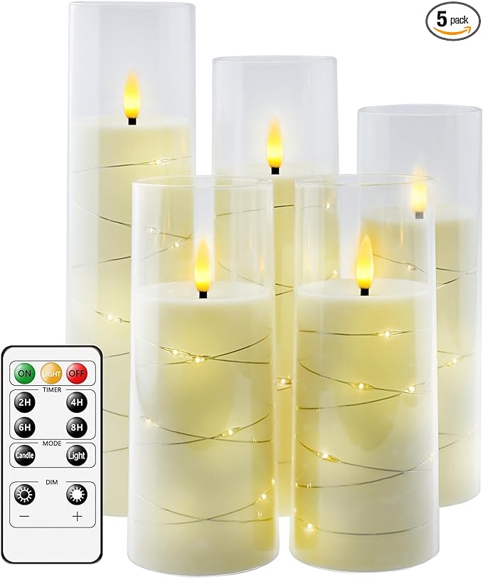 Flameless LED Candles with Timer 5 Pc Flickering Flameless Candles for Romantic Ambiance and Home Decoration Stable Acrylic Shell,with Embedded Star String，Battery Operated Candles（Ivory）