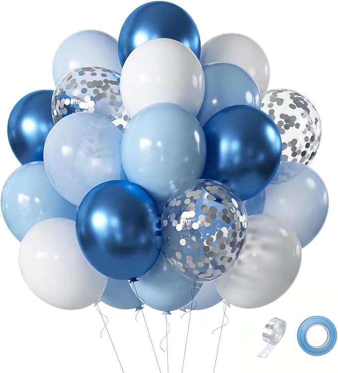 Blue White Balloons Set, 60 Pcs 12 Inch Metallic Chrome Blue Pearl Blue Balloons Light Blue Balloon for Birthday, Bridal Shower, Wedding Party Decoration