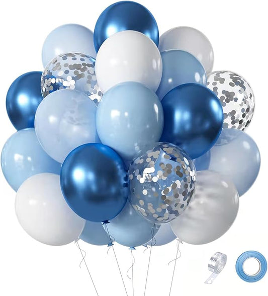Blue White Balloons Set, 60 Pcs 12 Inch Metallic Chrome Blue Pearl Blue Balloons Light Blue Balloon for Birthday, Bridal Shower, Wedding Party Decoration