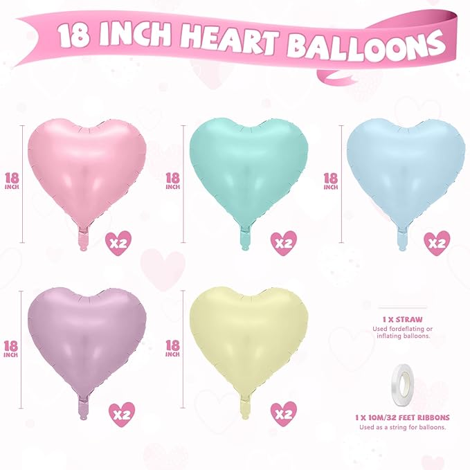 Pastel Heart Balloons, 10 Pcs Macaron Heart Shape Balloon, 18 Inch Pastel Pink Purple Teal Blue Yellow Foil Valentines Balloons for Kids Candy Birthday Wedding Valentines Baby Shower Party Decorations