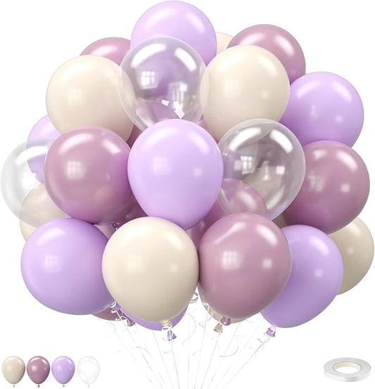 Purple and White Balloons, 12 Inch Pastel Purple Beige Cream White Clear Latex Balloon for Girls Birthday Bachelorette Party Bridal Baby Shower Party Decorations Supplies