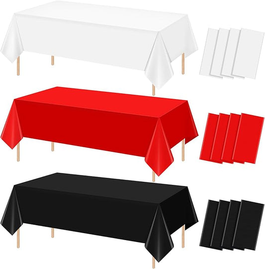 12 Pcs Red Black White Plastic Tablecloths Bulk,54 x 108 Inch Disposable Rectangle Party Table Cloth Waterproof Table Cover for Birthday Wedding Anniversary Graduation Party Decorations Supplies