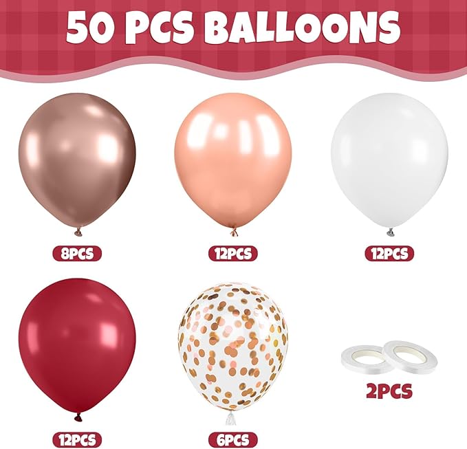 Burgundy Rose Gold Balloon, 50 Pcs 12 Inches Metallic Rose Gold Confetti Balloon, Red Sand White Latex Balloons for Women Girls Birthday Bridal Shower Wedding Anniversary Prom Party Decoration